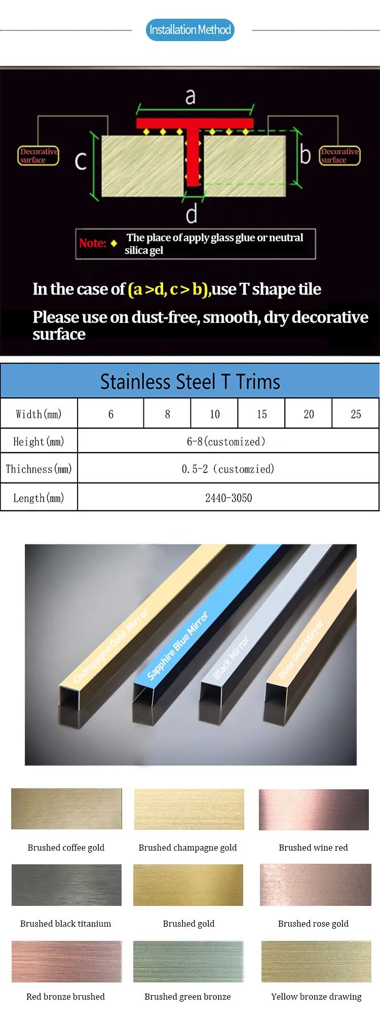 304 Black Rose Golden PVD U T L Special Stainless Steel Rim Metal Trim Tile For Wall, Door, Window Decoration.jpg