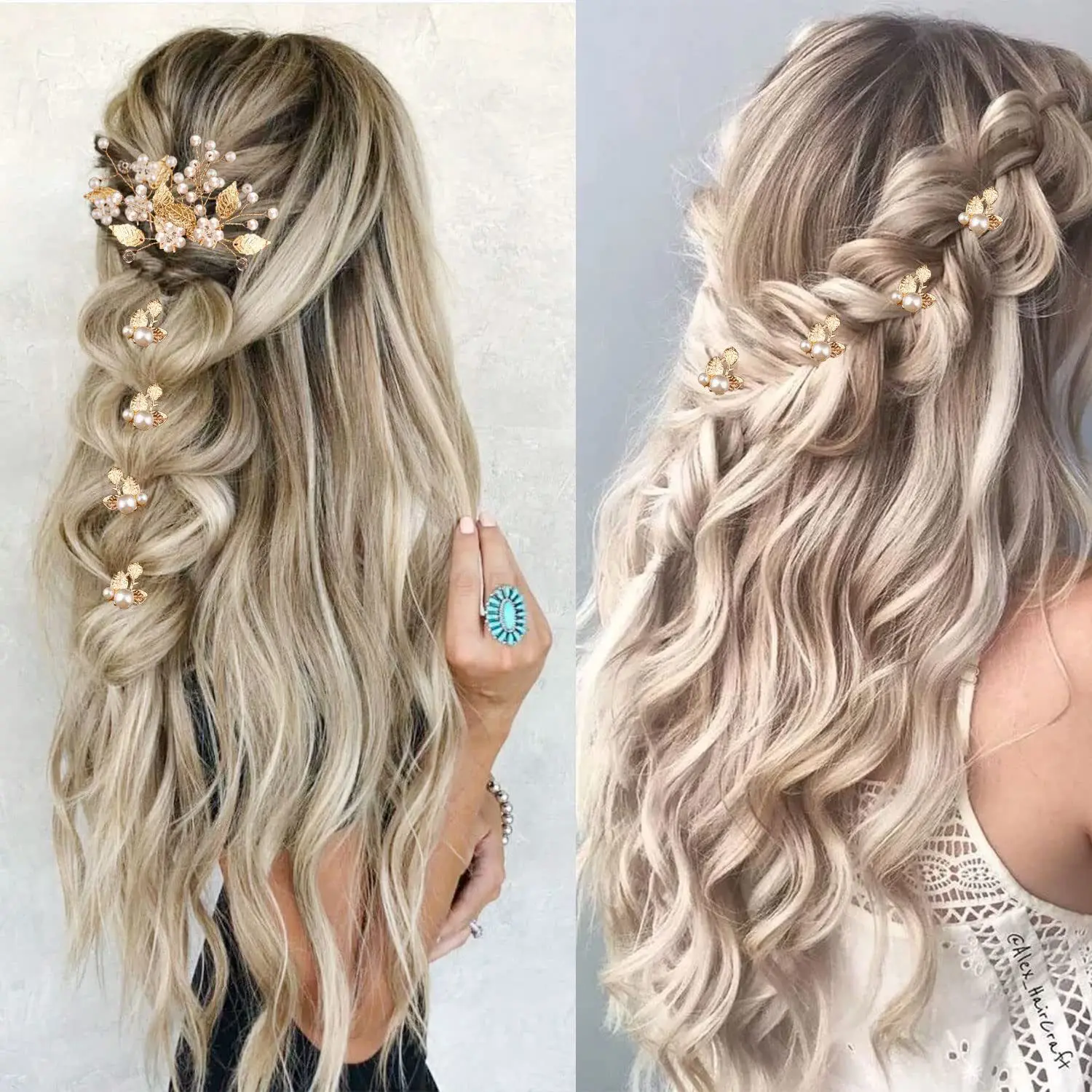 7 Pieces Wedding Hair Pins - Gold Leaf Bride Pearl Hairpins