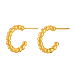 YUKAM Fashion Minimalist Geometric Stainless Steel Gold Plated Statement CC Shaped Round Beaded Hoop Earrings for Women Jewelry