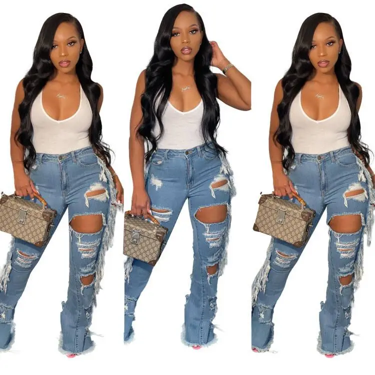 New Arrival European and American Summer Plus Size Women Tassels Ripped Jeans