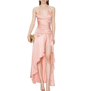Custom High Quality Spring Summer Luxury Silk  Halter Evening Women's Dress for Weddings Special Occasions