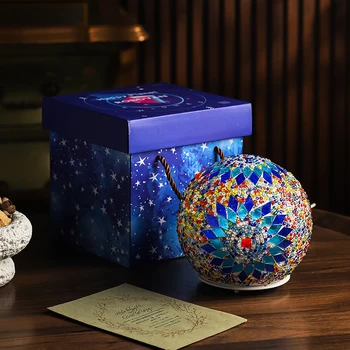 Romantic Bohemian Mediterranean Style Table Lamp Turkish Glass Wooden Base Rotating Mosaic Ball Night Light for Bedroom Decor
