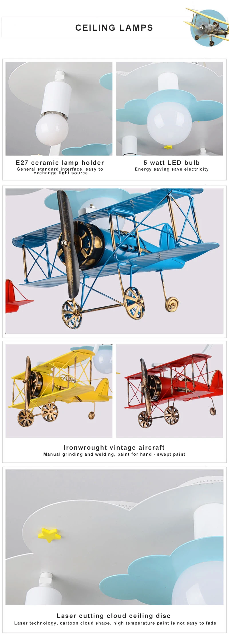 Personalized home decoration aircraft lighting child room LED ceiling boys bedroom lamp cartoon chandeliers pendant lights