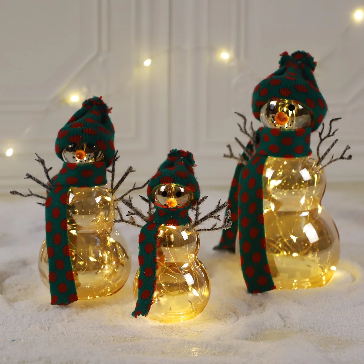 Small led light pre-lit up sliver glass christmas xmas snowman figurine decoration ornaments for christmas new year home decor details