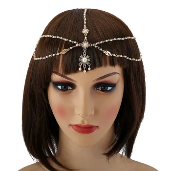 New Design Pearl and Rhinestones Tassel Hair Chain for Women and Girls