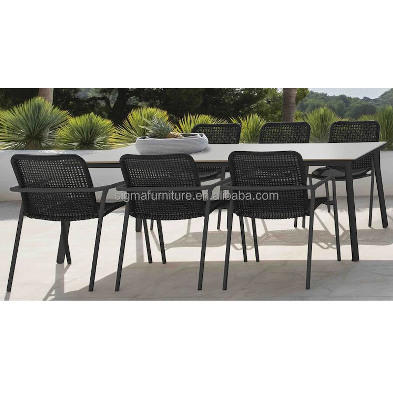 sleek lines outdoor garden furniture set durable powder coated aluminum Rectangular Dining set dining table and 6 pieces chairs