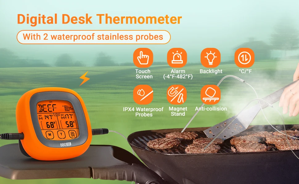 Waterproof Dual Probe Digital Meat Thermometer With Touch Screen