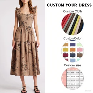 Lady Elegant Floral Print Midi Sundress Ruffled Shoulders Sweet Natural Eco-Friendly Washable for Spring Autumn for Club Day