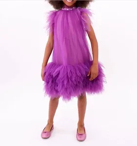 Girls Kids Stunning Fluffy Evening Dress Children's Purple Tulle Ruffled Fly Sleeve Knee Length Dresses