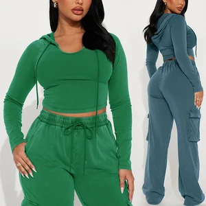 Huili Custom Logo High Stretch Tow Piece Crop Top & Sweatpants OEM Skinny Tracksuits Fitness Joggers 2 Sets Outfits for Women