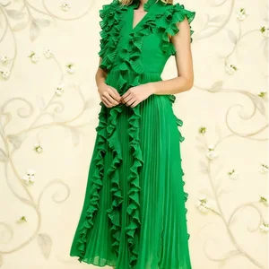 Women's Vintage Translucent Autumn Casual Sweet Solid Pleated Ruffle Maxi Dress V-Neck Tiered Frills High Waist Daily Occasions