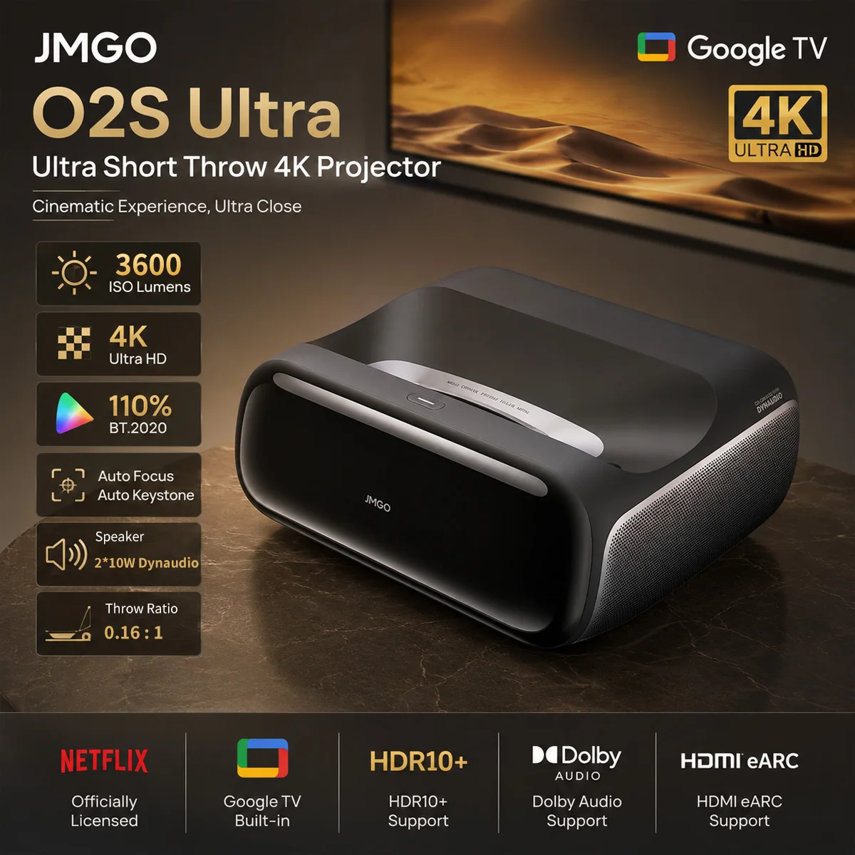 JMGO O2S Ultra 4K UHD Ultra Short Throw Projector MALC 3.0 Triple