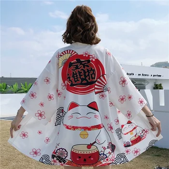 Japanese Style Demon Print Cardigan Kimono Harajuku Anime Women Men Cosplay Yukata Female Streetwear Traditional Haori
