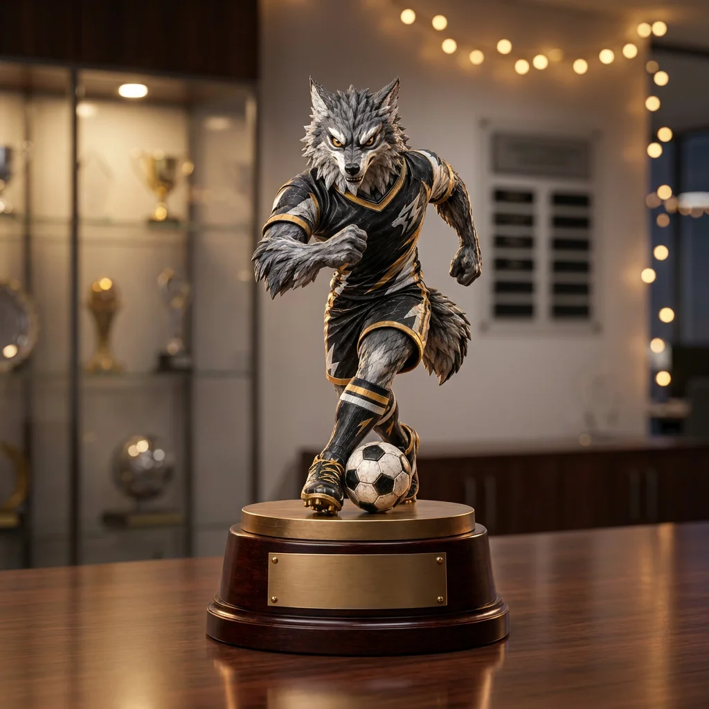 Handmade High Quality Unique Wolf Soccer Resin Trophy Sculpture Custom Engraved Sports Victory Award Artistic Souvenir Ornament