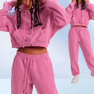 Huili Custom Logo 100% Cotton Blank Tracksuits 2 Piece Matching Set French Terry Pullover Crop Top Basic Hoody and Joggers Women