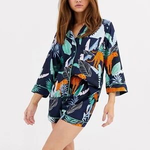 Ladies Casual Breathable 100% Cotton Woven Pajama Set Botanical Tiger Shirt & Shorts for Autumn Comfortable Sleepwear