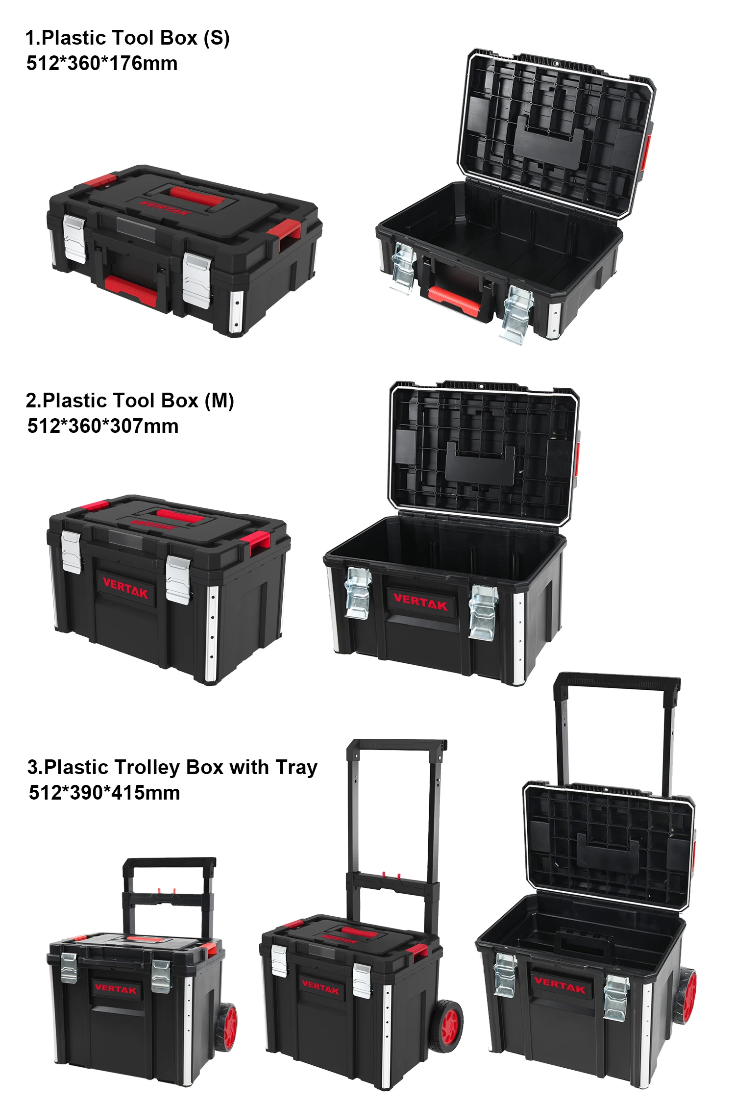 Vertak 3pcs Tool Storage Plastic Roller Stacking Modular Toolbox Set Stackable Tool Box with Wheels