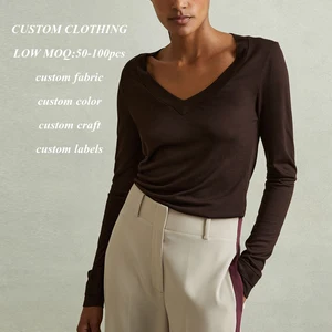 Manufacturer Hot Selling High Quality v Neck Long Sleeve Tshirts Women Custom Solid Color Blank Jersey Cotton t Shirt