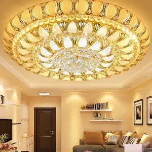 Round LED Crystal Ceiling Lights Living Room Luxury Design Gold Fixtures Ceiling Light