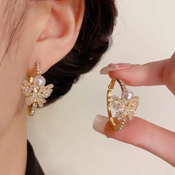 Stylish Micro-Paved Zircon Butterfly Pearl Earrings Versatile Exquisite Design High Luxury Ear Jewelry