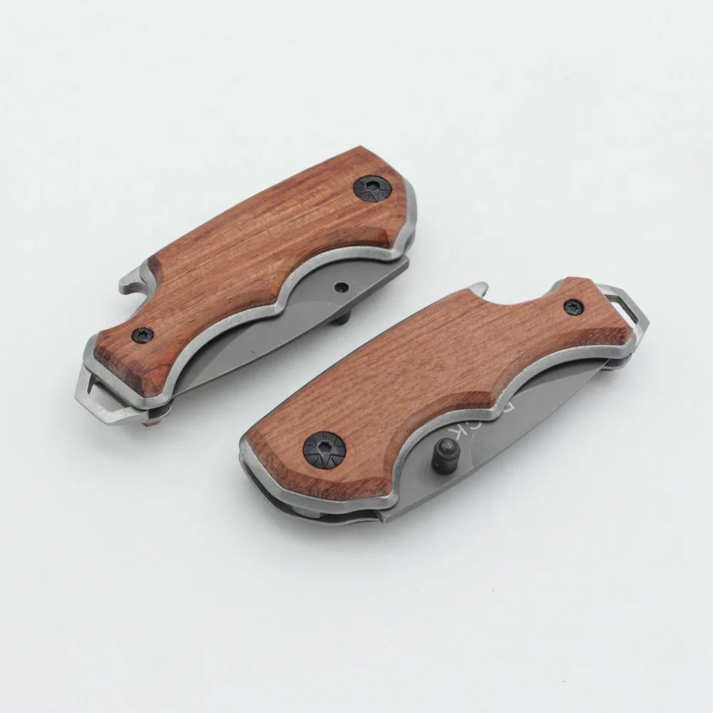 Engraved Padauk Wood Handle Grey Titanium Stainless Steel Blade Small Folding EDC Pocket Knife