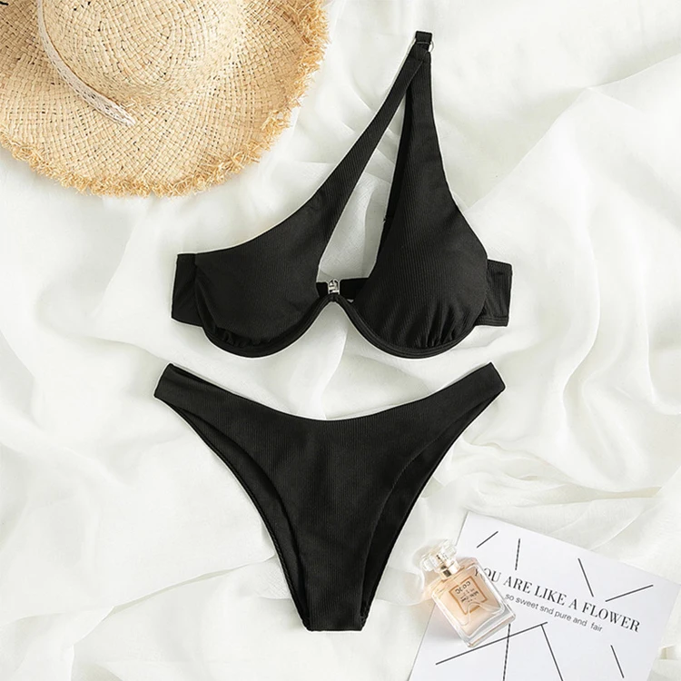 Multicolor Optional Sexy Triangle Ladies Two Piece Swimsuit Solid Color One Shoulder Underwire Bikini Wholesale