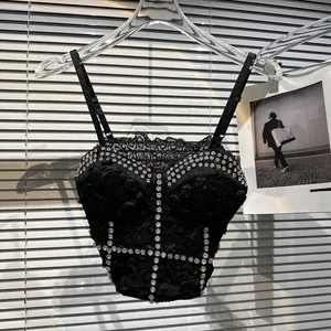 Wholesale Spring 2026 New Fashion Sexy Celebrity Large Granular Rhinestone Lace Chest Pad Suspender Women's Vest