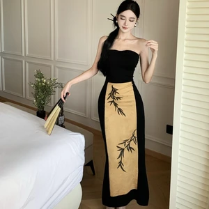 New Style Chinese Style Strapless Casual Dress with Elegant Long Skirt Sexy and Stylish