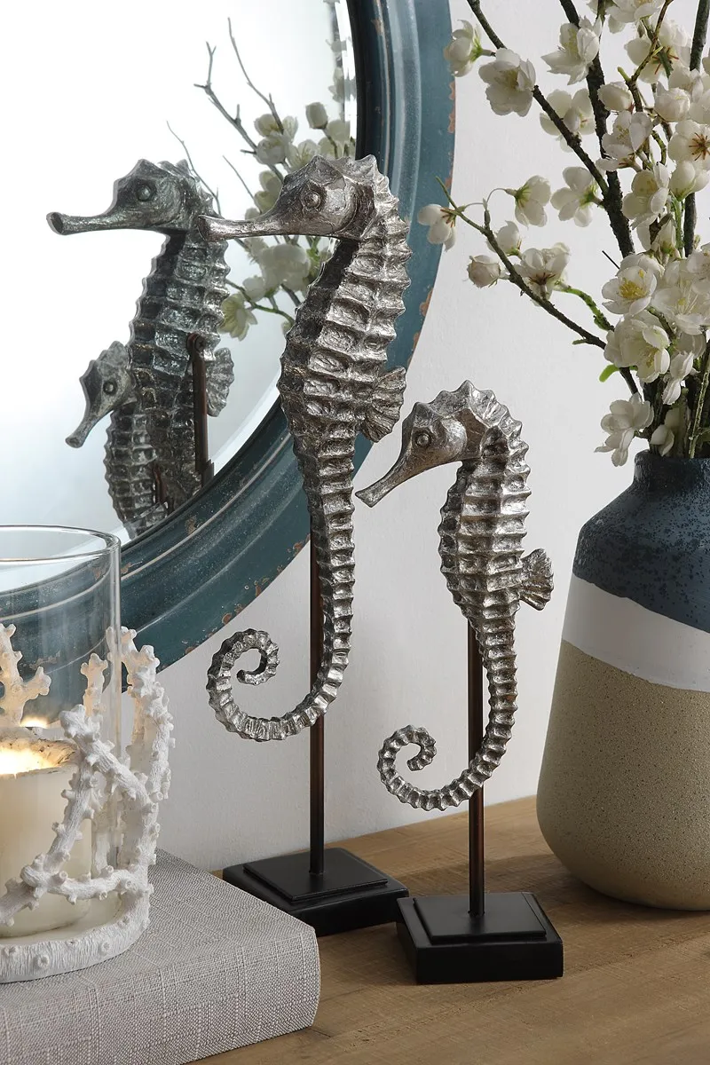 Custom Coastal  Silver Leaf Resin Ocean Collection Seahorse Ornaments Sculpture For Home Decor Set of 3 manufacture