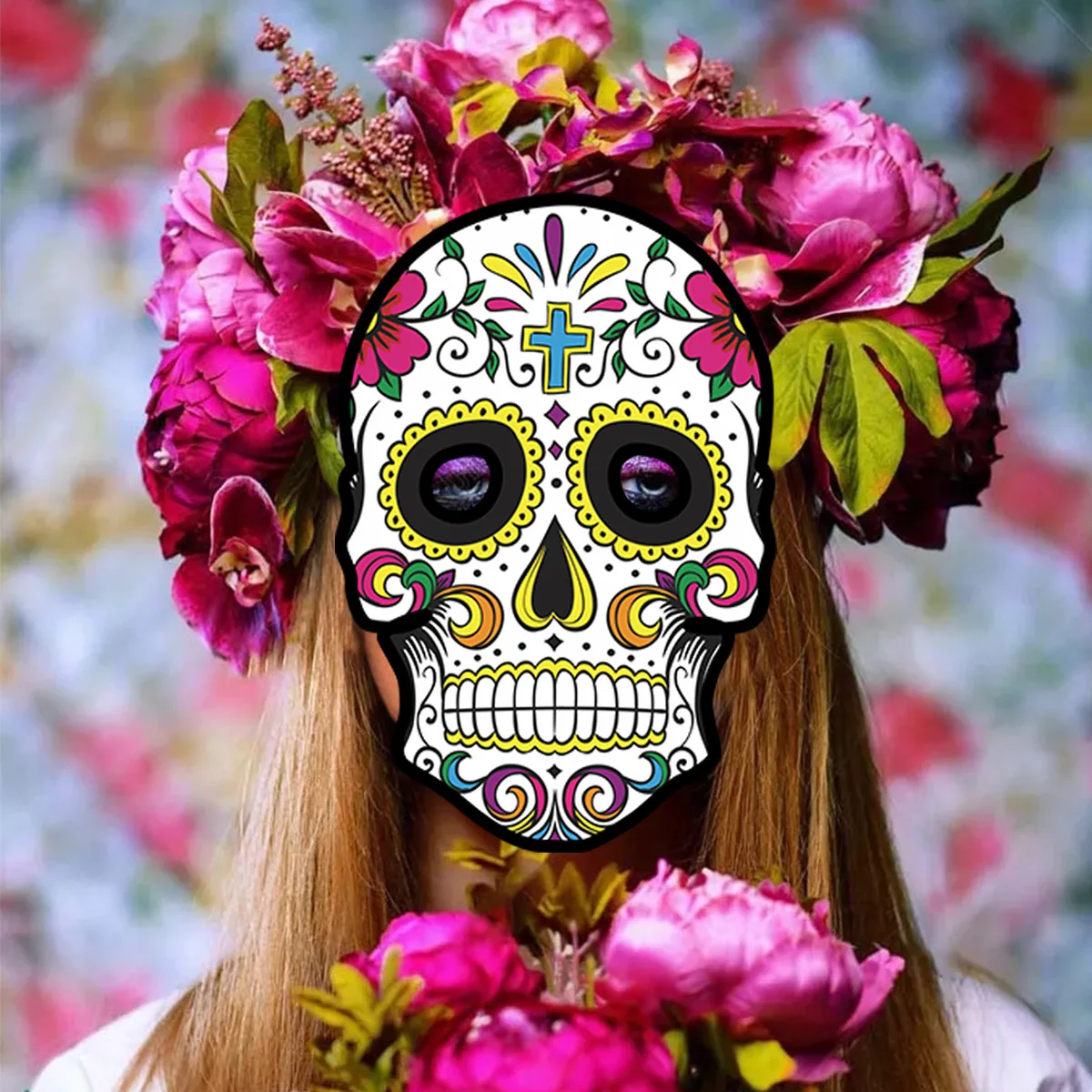 Masque Demi-visage Jour Des Morts - Décor Crâne Fleuri - Pour Halloween, Cosplay, Fête - Lot De 2 Pièces