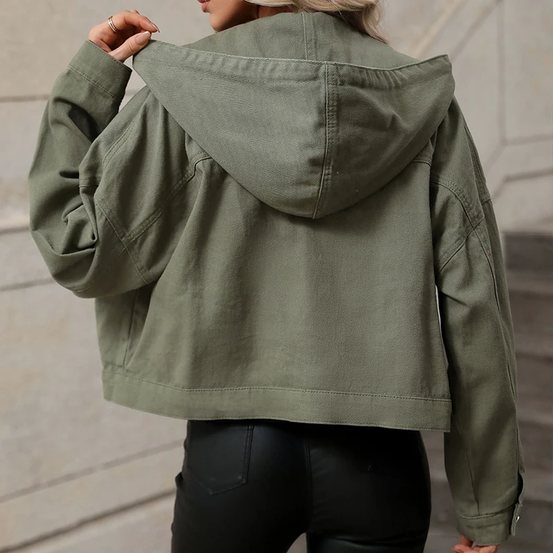 New Design Drop Shoulder Drawstring Jeans Coat Fashion Casual Women Oversized Hooded Crop Denim Jacket