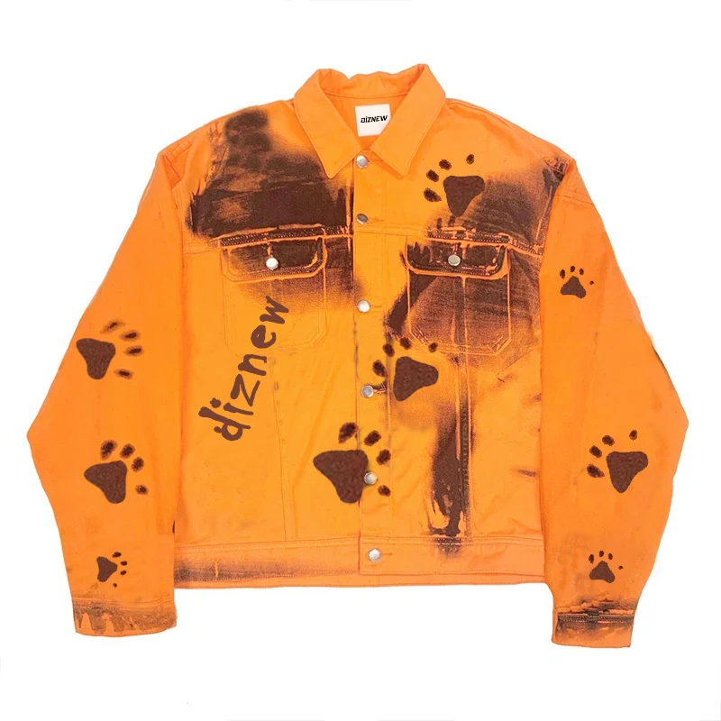 DiZNEW Custom Jacket Button orange Men's Jackets & Coats Full over digital printed  Distressed Denim Jacket