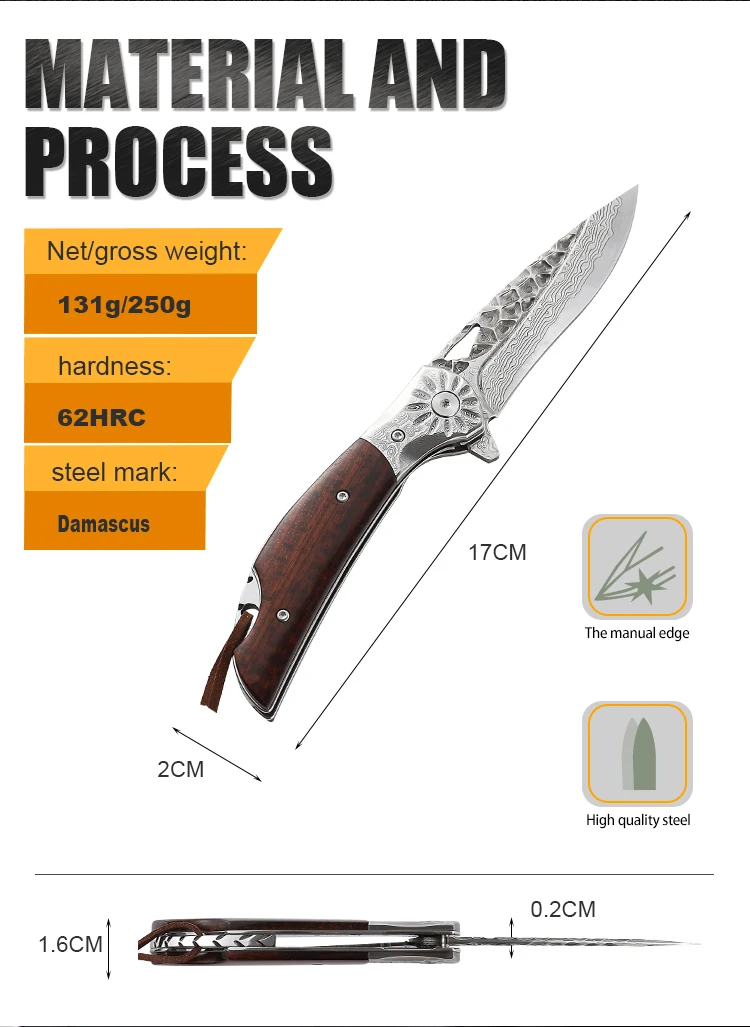 New Style Handmade Damascus Folding Pocket Knife Wood Handle Outdoor