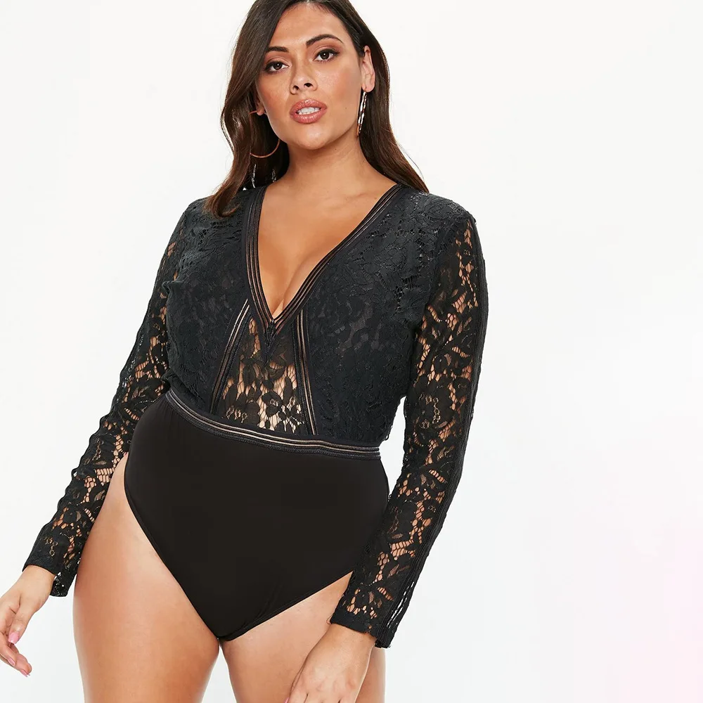 black lace long sleeve bodysuit plus size