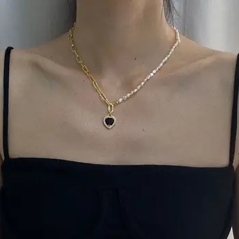 Fashion Brass Natural Freshwater Pearl Black Onyx Diamond Heart Pendant Choker Necklace