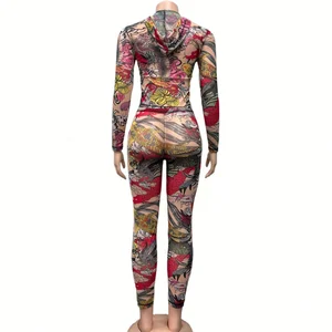 Dropshipping 2026 Wholesale Boutique Long Sleeve Hoodie Digital Print Ladies Two Piece Pants Set