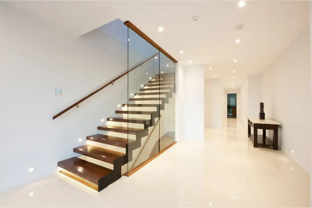 L Shape Double Stringer Wood Treads Straight Stairs With c Beam Stringer and Wire Railing Staircase