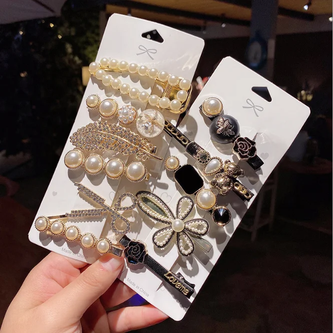 South Korea Dongdaemun 6pcs/set Temperament Side Clip Wild Net Red Pearl Bow Knot Broken Hair Black Bear Hairpin