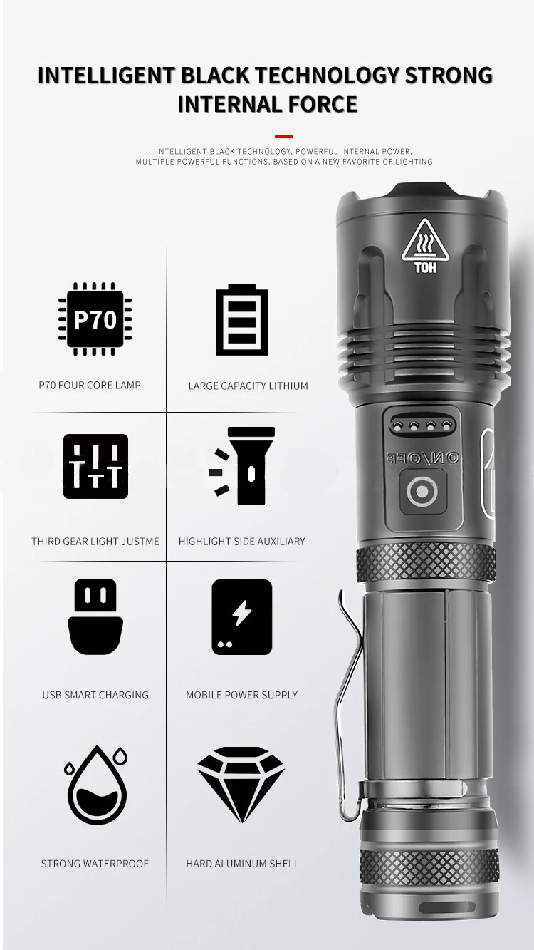 Powerful Waterproof Zoomable Rechargeable XHP70 LED Emergency 5 Modes Power display Tactical  Flashlight Torch Self Defensive factory