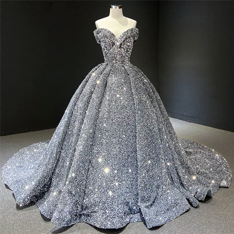 2024 Bride Off-Shoulder Ball Gown Wedding Dress Modern European American Sequins Dream Princess Trailing Performance Tutu Skirt