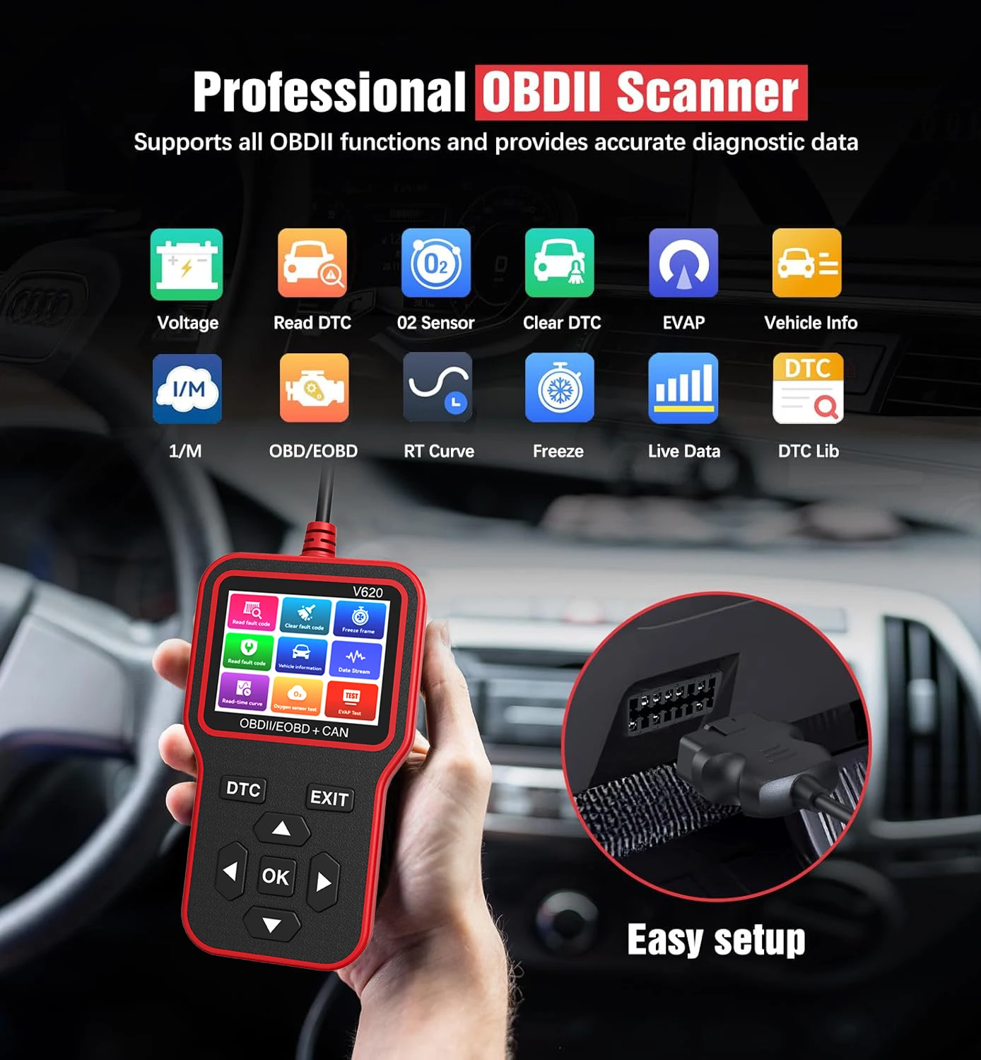 V620 OBD2スキャナー 車用エンジン故障コードリーダー 12V診断ツール