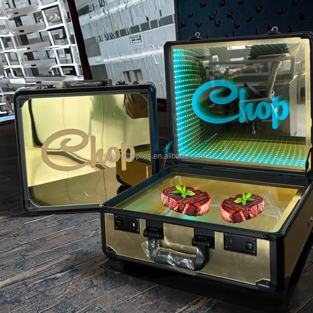 Custom Logo Lighted Mirror Beef Suitcase Meat Carrier Box LED Steak Briefcase Glorifier Display Case for Restaurant Steakhouse
