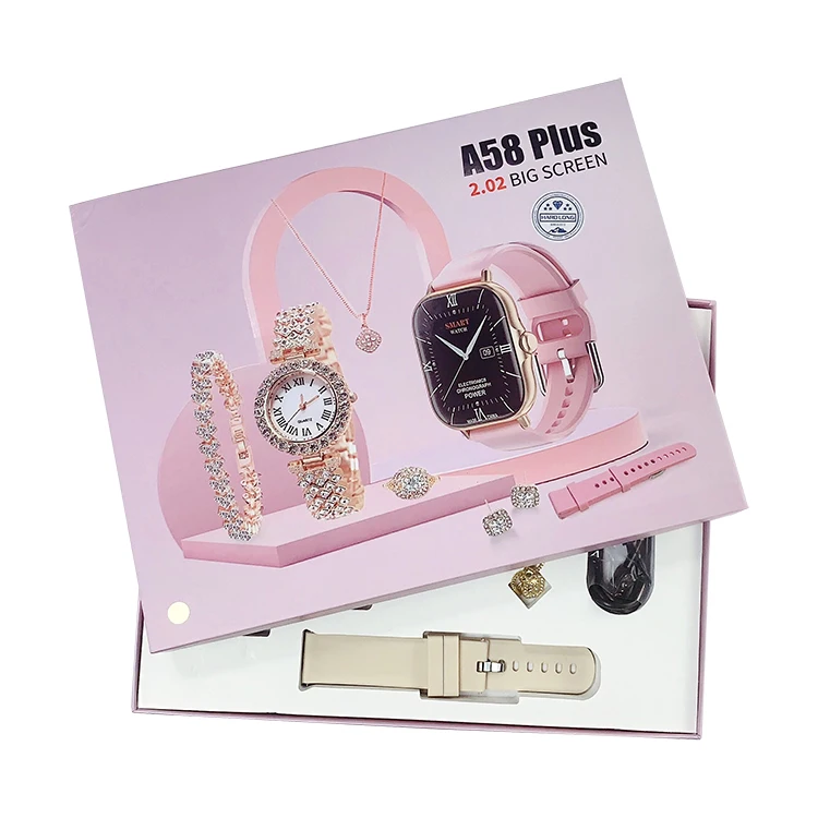 Multi Into 1 Packing Girls Ladies Women Gift Sets Diamond Bracelet Necklace Ring Earring A58 Plus Smart Watch