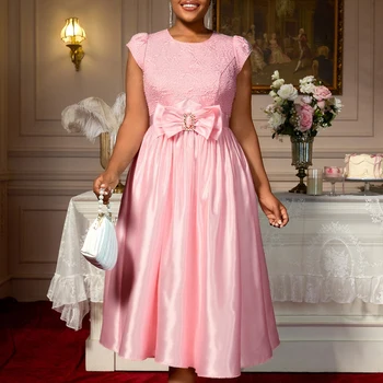 AM050606 Elegant Cap Sleeve Big Bowtie Rose Jacquard Patchwork Satin a Line Midi Pink Casual Dress Plus Size