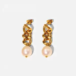 18K Gold Drop Stud Earrings for Women Fashionable Stainless Steel Chain Link with Fresh Water Pearl Charms Trendy Style