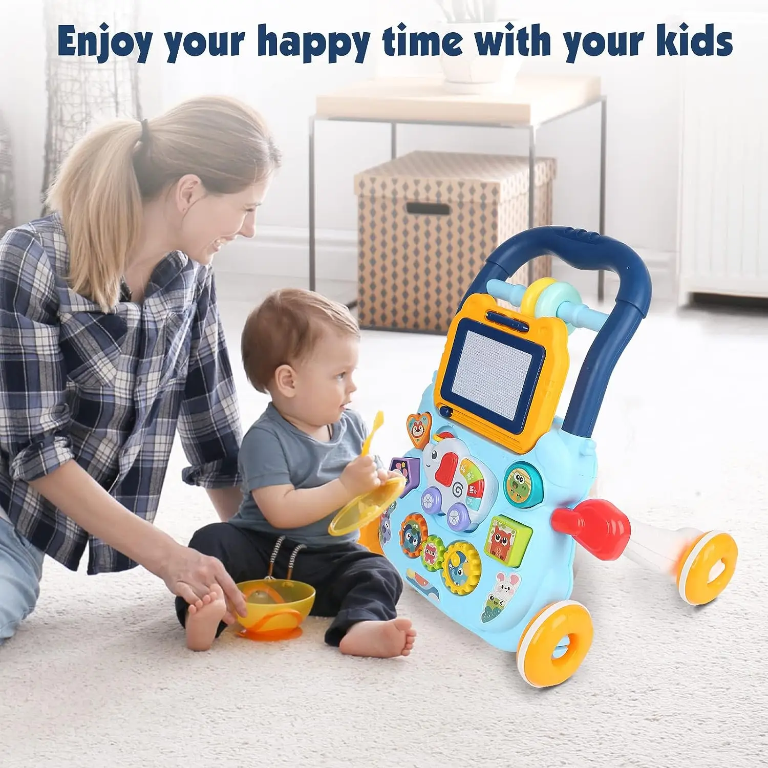 Antepremergator Multifunctional AT PERFORMANCE, cu Activitati interactive, Tableta Detasabila de Desenat, Sortare forme, Roti antiderapante, culoare blue - Camera copilului - atMag.ro