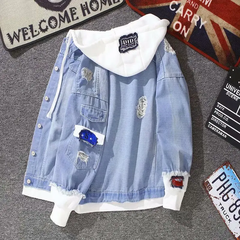 Wholesale High Quality Denim Hooded Jacket Loose Men's Coats Fashion Denim Jacket Men Hooded