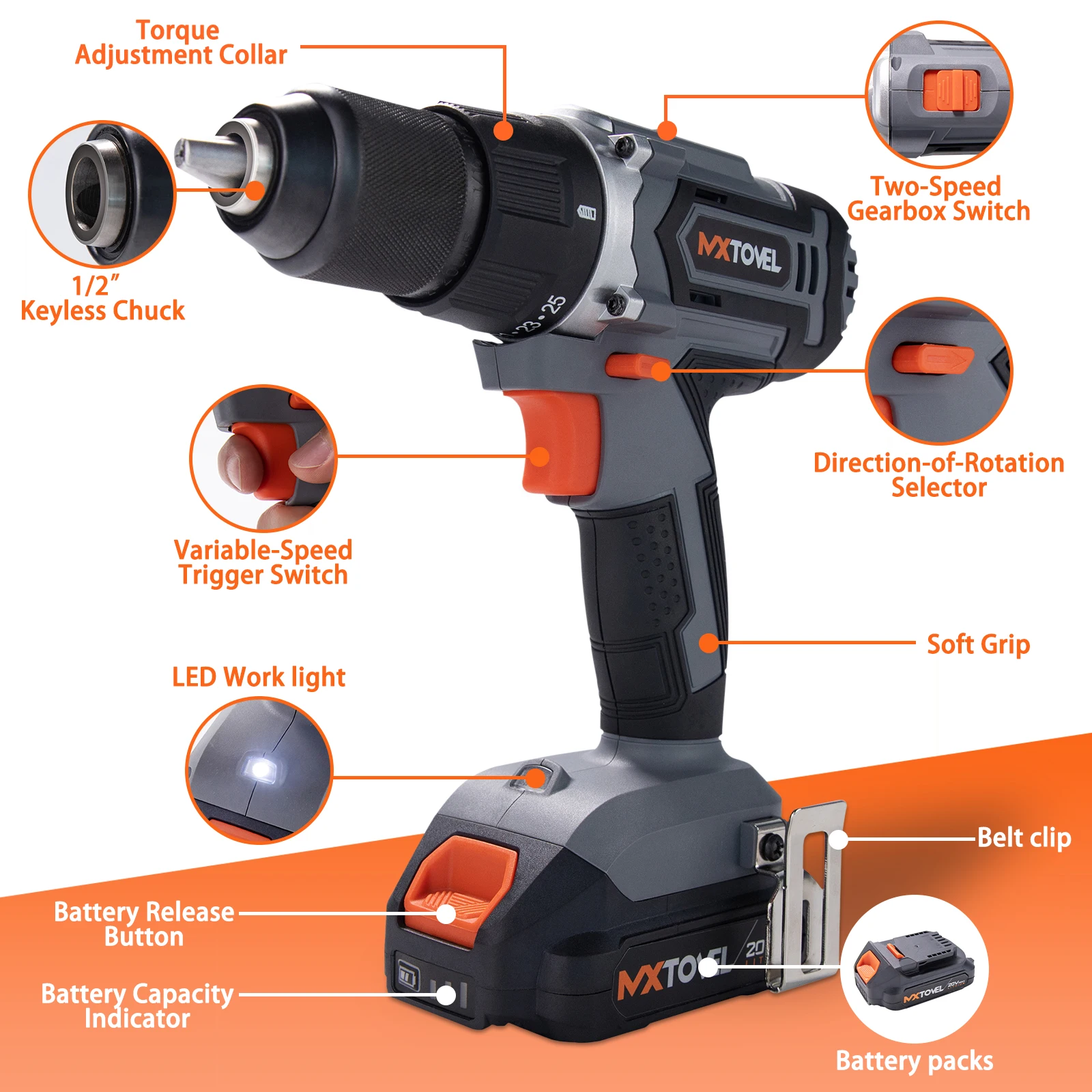 OEM Supported Wholesale Variable Speed 20V Lithium Battery Power Portable Cordless Drill