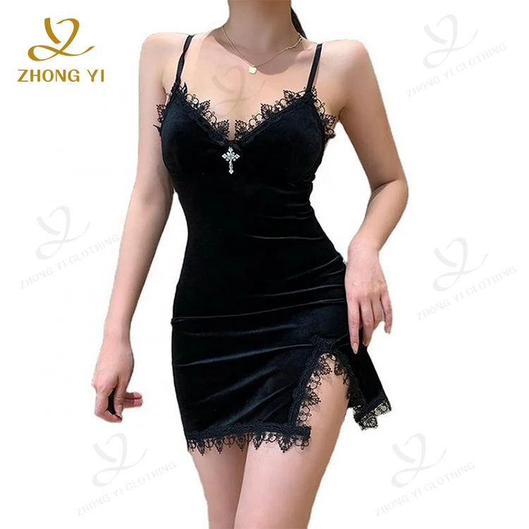 Modische Sexy Spitzenbesetzte Damen Sommer Kurzkleider Trgerkleid Eng  Anliegender Minirock mit Schlitz Kleidung Geeignet fr Nachtclub und Party