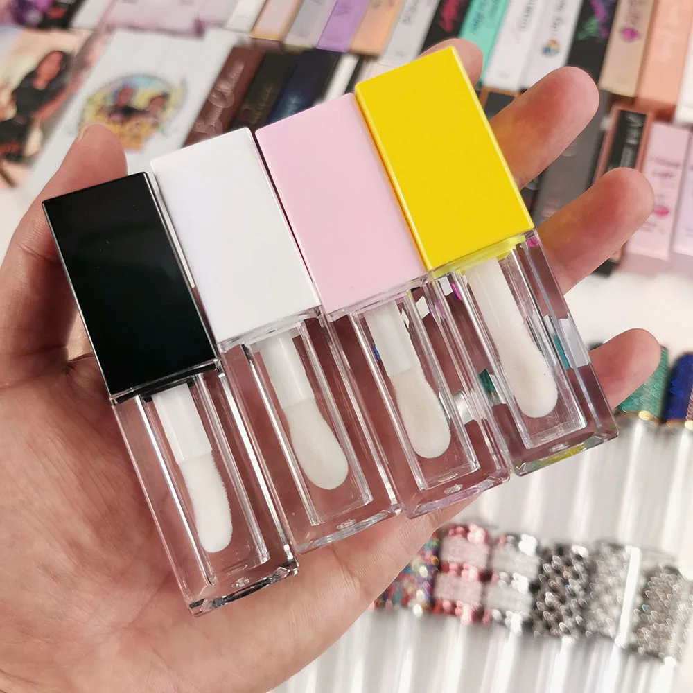 Wholesale Empty Black Cap Transparent square Lip Gloss Tube Container with Black Neck